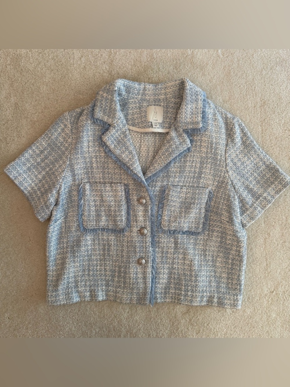 Joie Tweed Cropped Jacket Blue White Fringe Short Sleeve Blazer Size L